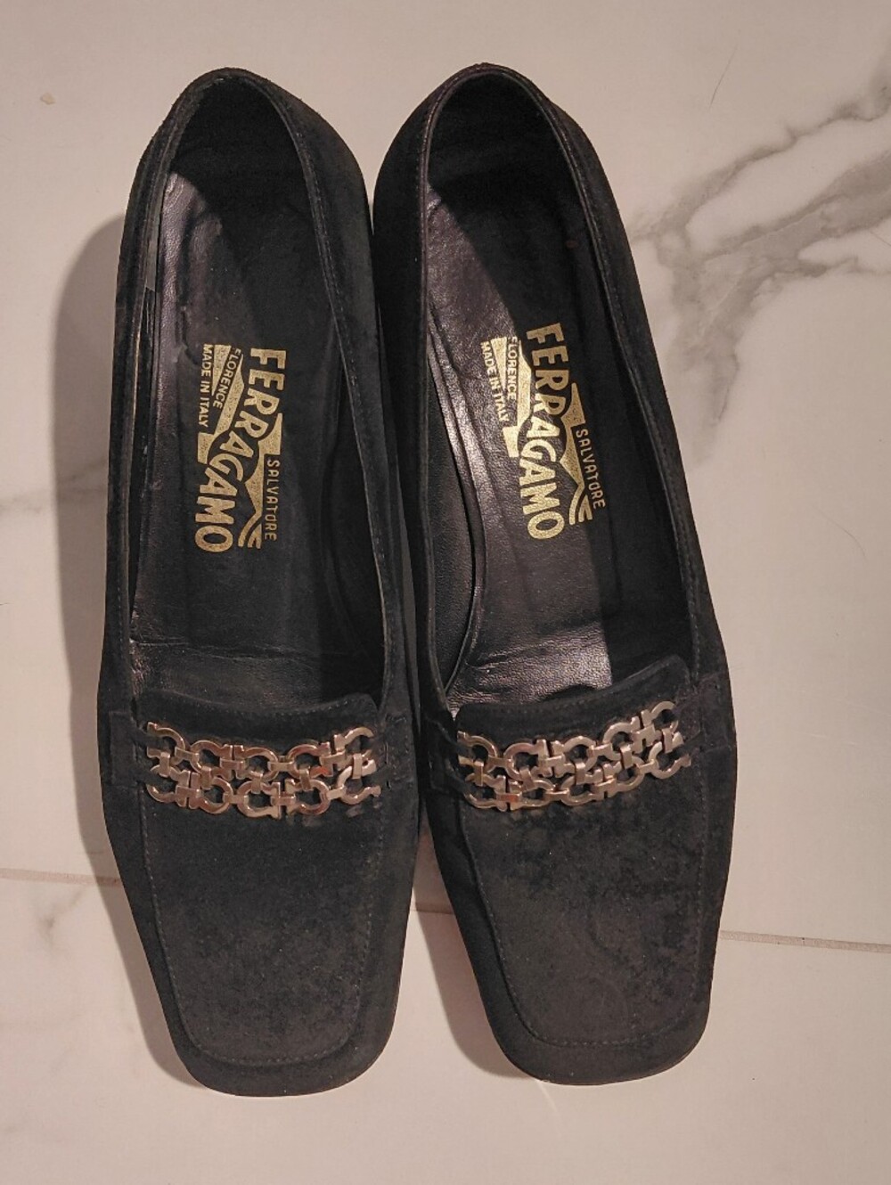 Salvatore Ferragamo Black Suede Chain Loafers for Women